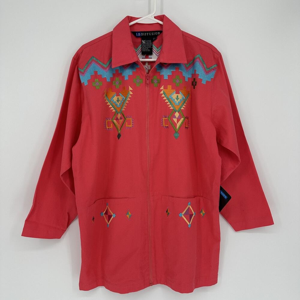 Vintage I.B. Diffusion Jacket Womens 6 Peach Pueblo Deco Embroidered Zip 90s
